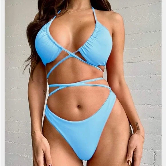 Qinsen Sexy Straps Halter Cross Front High Cut Thong 2 Piece Bikini Swimsuit Set - Picture 1 of 11